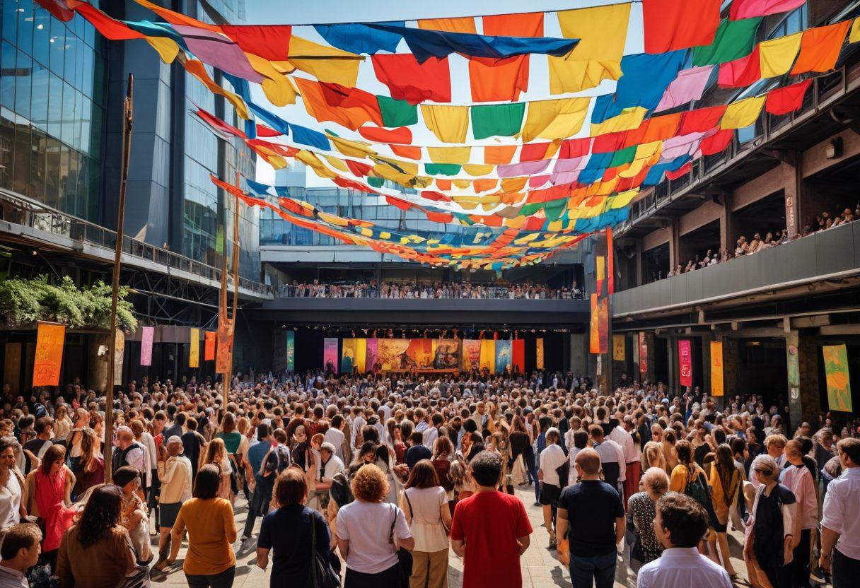 A vibrant collage showcasing various cultural events at Barbican, featuring a theater performance, an art exhibition, and a live music concert. Include diverse crowds engaging enthusiastically, colorful banners, and art installations. Capture the essence of creativity with a lively atmosphere and dynamic energy. super-realistic. vibrant colors.