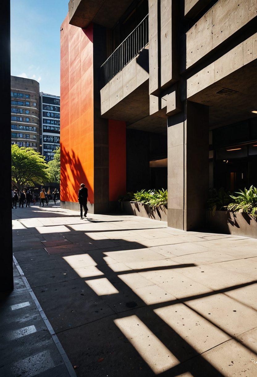 A vibrant scene depicting the Barbican Centre, showcasing its iconic architecture surrounded by diverse artistic expressions such as live performances, contemporary art installations, and people engaging with art. The atmosphere is lively, filled with colorful banners and artistic elements that reflect various cultural offerings. Sunlight filters through the structure, casting playful shadows. super-realistic. vibrant colors. 3D.
