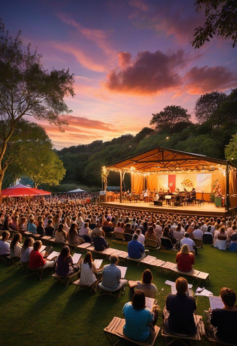 A vibrant scene depicting an open-air theatre with diverse people engaged in performances of music and art. Include musicians with instruments, artists painting on canvas, and an audience enthralled by a play. Capture the energy and connection among the community members, with colorful decorations and lights around. Illustrate this dynamic environment under a twilight sky that enhances the festive atmosphere. super-realistic. vibrant colors. 3D.